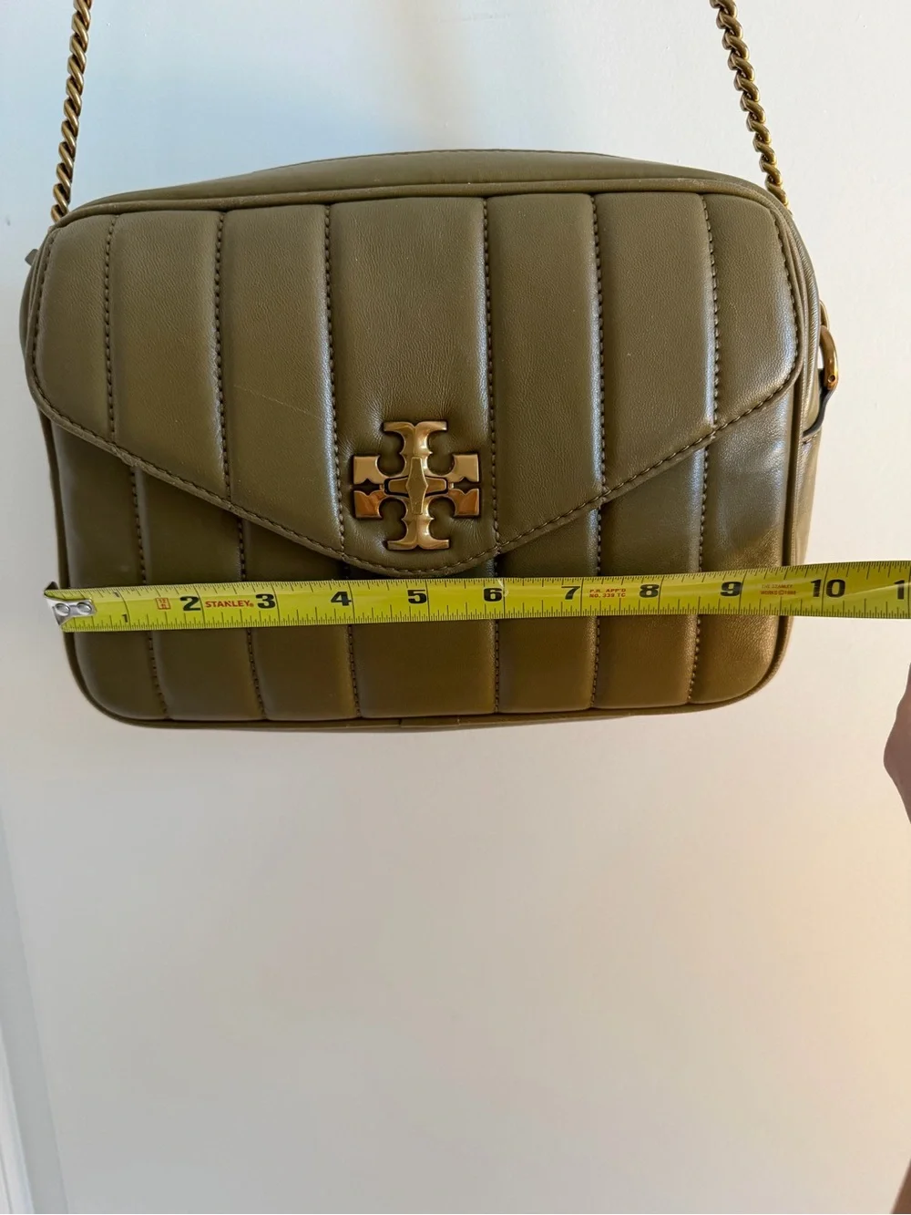Tory Burch Olive Green Quilted Leather Camera Crossbody with Gold Logo